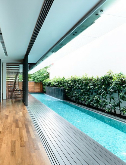 Propuesta de acabados Estado Reformado: Corredor lateral piscina.